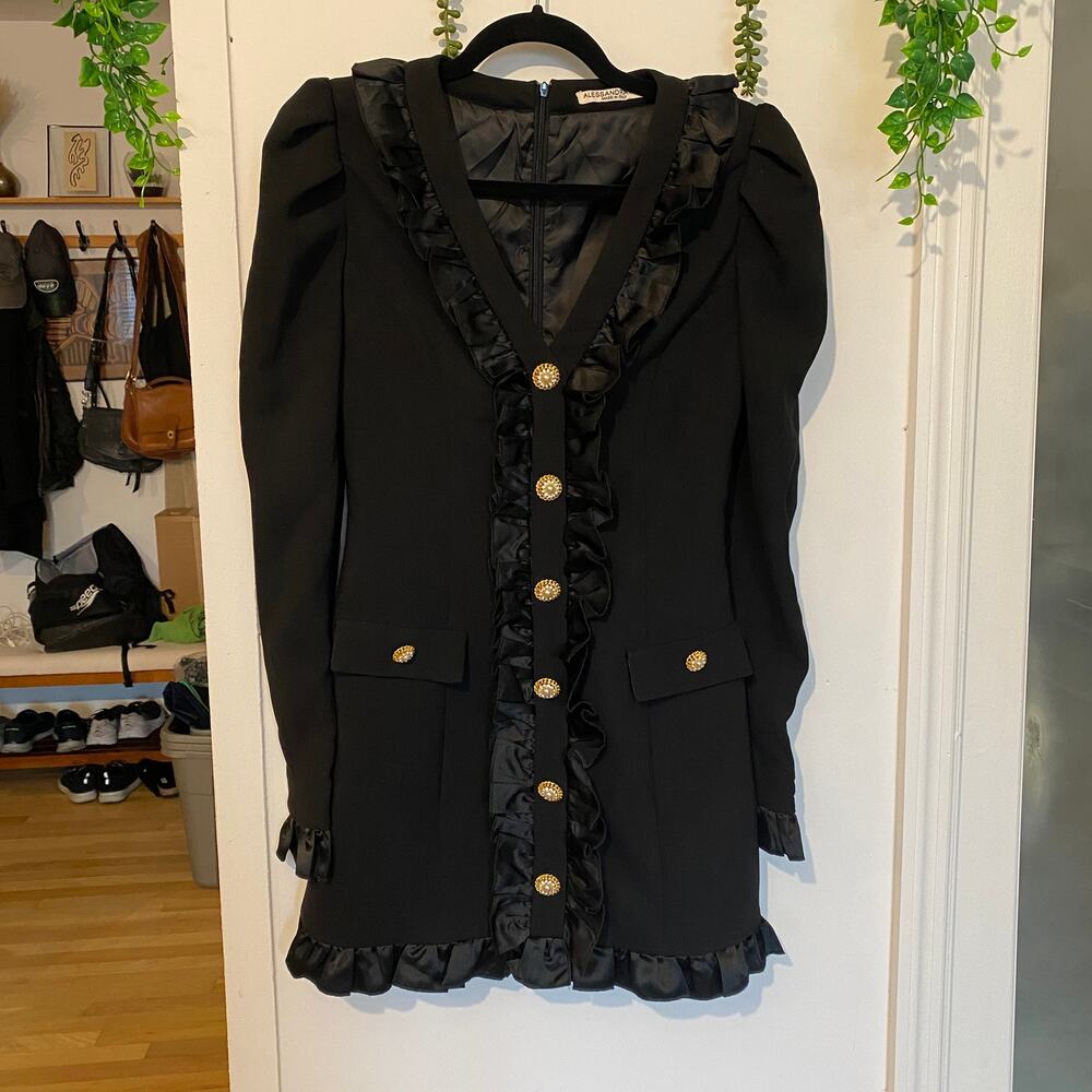 Alessandra Rich Black Rhinestone Long Sleeve Ruffle Mini Dress sz S - Picture 2 of 15
